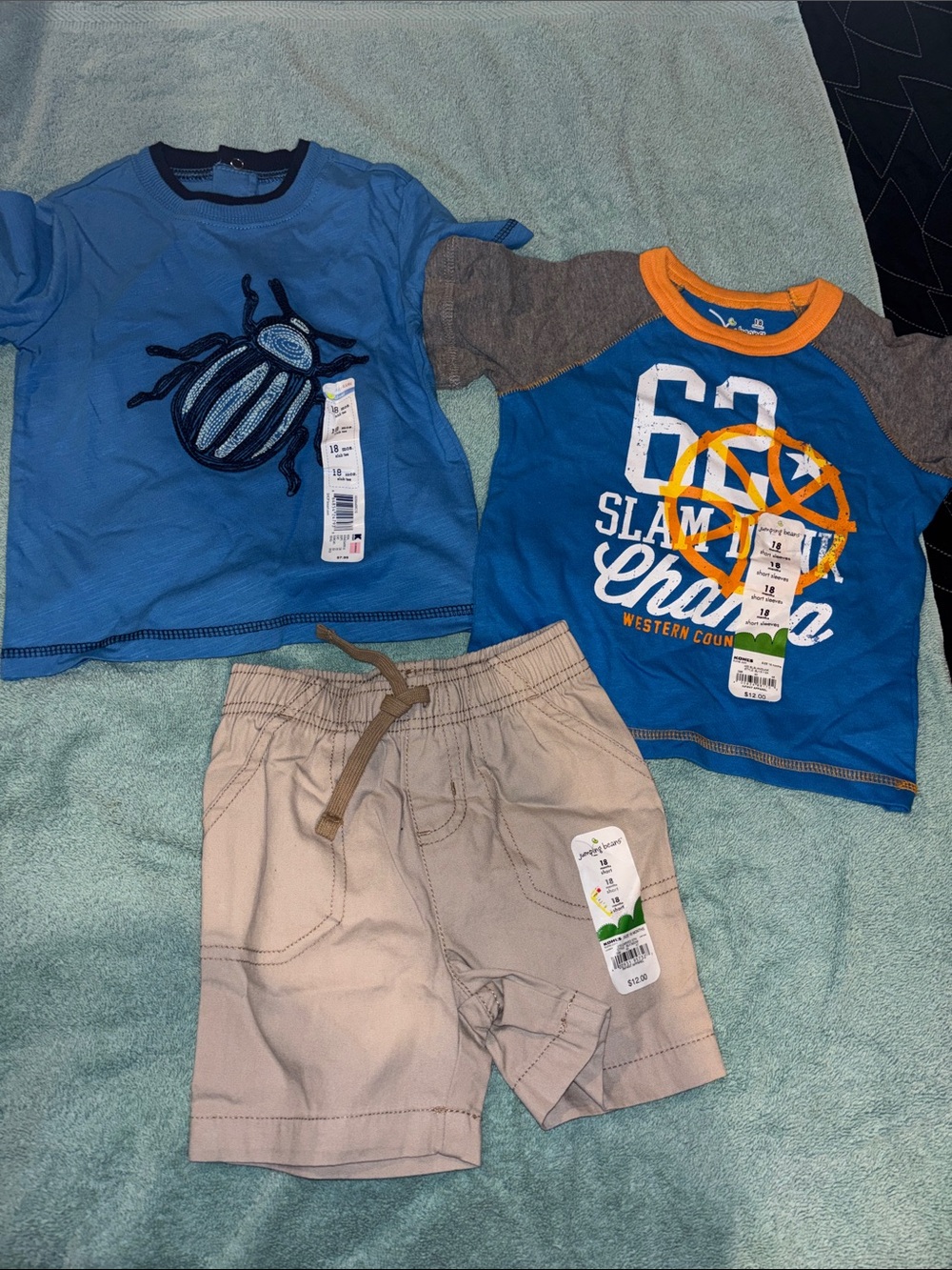 3 NWT Blue embroidered Bug Tee & Blue Slam Champ Tee &Tan Shorts 18 m